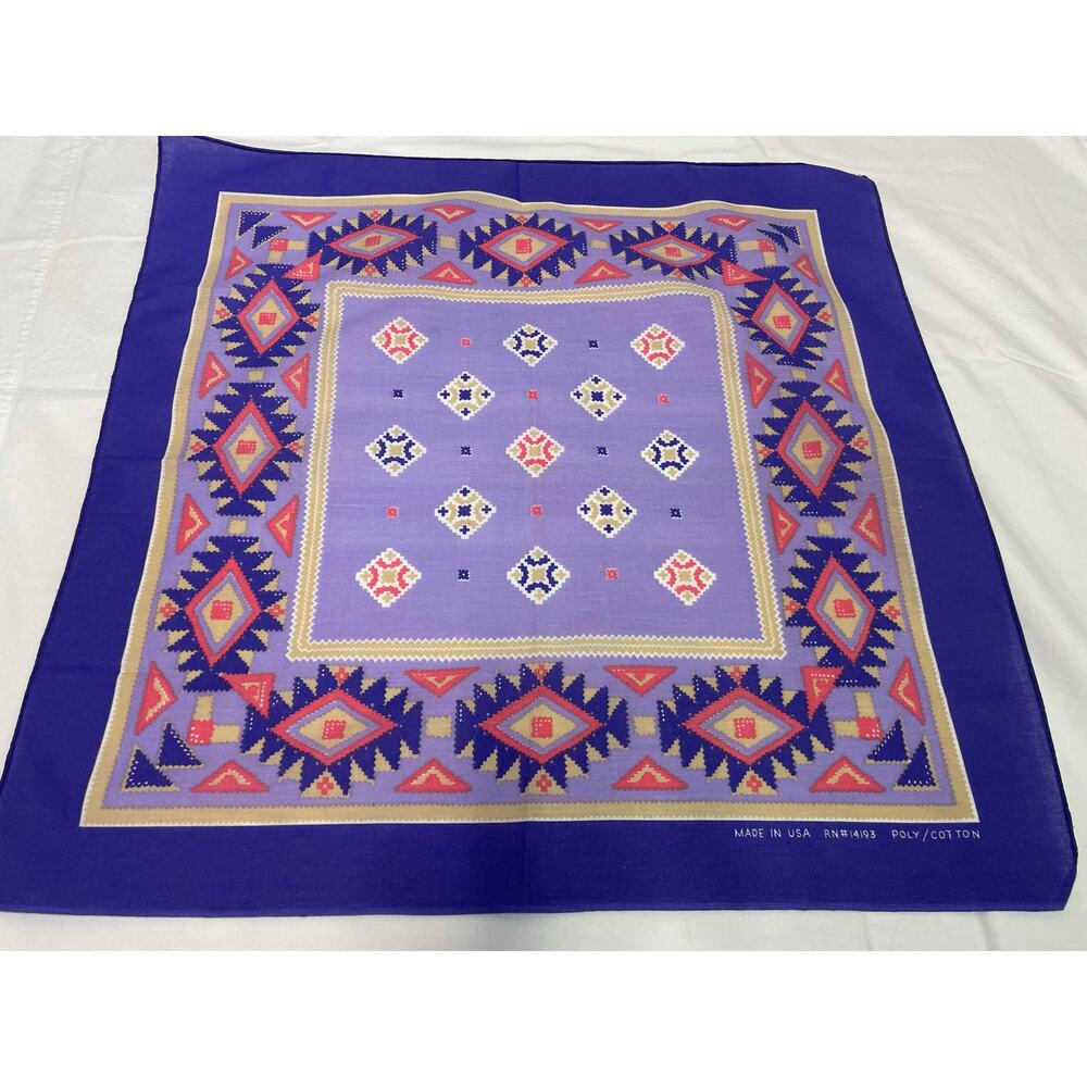 Vintage 70s 80s Purple Pastel Geometric Aztec Print Bandana Wamcraft USA
